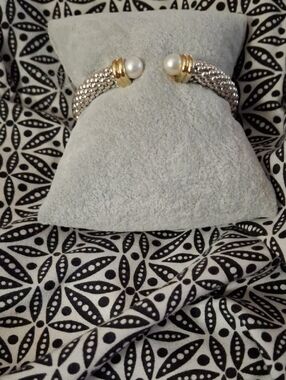 LAGOS Two-Tone Pearl-Ended Cuff Bracelet - Sterling Silver and 18k Gold